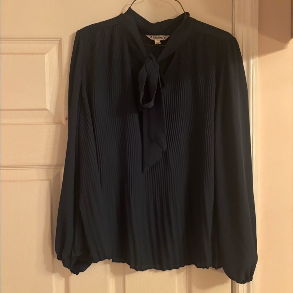 Nanette Lepore Navy Pleated Blouse with Bow